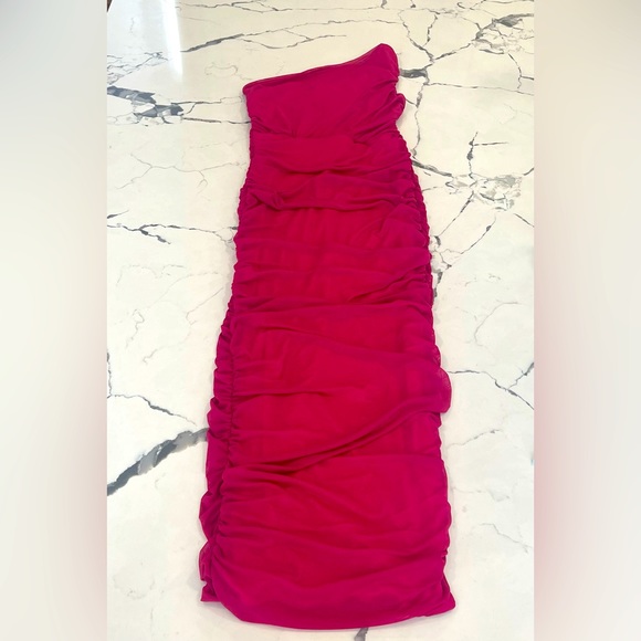 Pofash Bodycon Ruched Tube Midi One Shoulder Lined Fuchsia Pink Dress- Medium - Picture 7 of 8